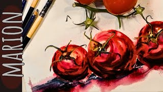 Watercolour canvas | Red tomatoes with  inktense pencils & watercolour