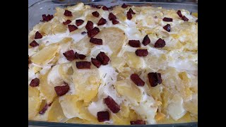 RECETA DE PATATA CON HUEVO SALCHICHA Y NATA AL HORNO #recetas #comida #viral_video