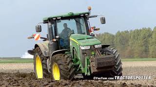 John Deere 8360R plowing the field