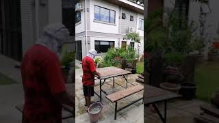 garden steel table with bench
#woodtiles top