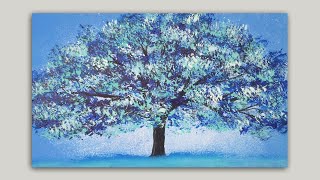 Blue Blossoming Tree Acrylic Painting on Sponge Painted Background: Painting Demonstration