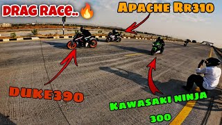 DRAG RACE IN 3 LEGEND BIKES | KAWASAKI | KTM | APACHE.. 🏍️Winner 🏆??? #rjworldrider #ridervishu