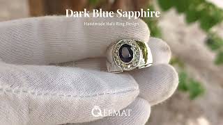 Natural Dark Blue Sapphire Ring - Halo Sapphire Ring of Sterling Silver.    #bluesapphire