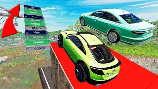 Audi Cars Vs River Mega High Container  Jump Test #8   Speed Car Crash   BeamNG Drive