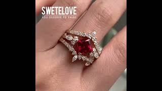 Handmade Sparkling Ruby Red Princess Cut Sterling Silver Wedding Set Ring