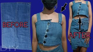 [DIY] ASYMMETRICAL SLEEVELESS CROP TOP USING LEFTOVER FABRICS (JEANS) || AngelSew