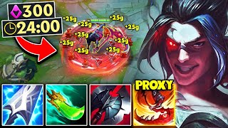 Kayn but I spend the whole game proxying in their base... (300 CS AT 24 MINUTES)