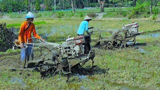 Three Tractors Combination Rotary Tiller With Landscaping Rake Working Together