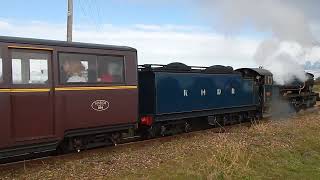 Dungeness, RHDR hallowen special steam train departing on a breezy afternoon, the engine is 'Samson'