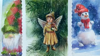 Мастер-класс НОВОГОДНЯЯ ОТКРЫТКА акварелью. Рождество. Christmas cards tutorial