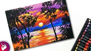 How to draw a beautiful scenery with oil pastels step by step