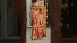 Peach chanderi saree with golden readymade sleeveless blouse | How to drape a saree? #sareehaul