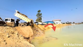 Expending Road by Delete Lake!!Old SHANTUI Pushing Soil Into Lake #bulldozer #dumptruck