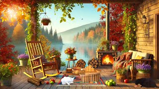 Autumn Cozy Cabin Porch with Golden Trees Ambience, Campfire and Relaxing Forest Sounds