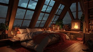 Cozy Attic Bedroom Ambience - Gentle Rain Sounds and Crackling Fireplace for Relaxation and Study