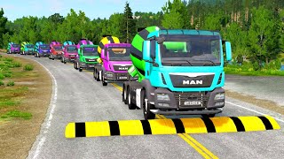 Double Flatbed Trailer Truck vs speed bumps|Busses vs speed bumps|Beamng Drive|BEAMNG4K#18