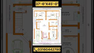 37'-6" X 45' house Plan | 37-6 by 45 home Plan | house plan with 3bhk parking #shorts