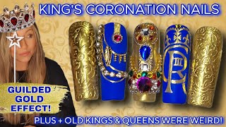 👑 King Charles III Coronation Nail Art Design | Royal Nails | Gold Blue Bling Chrome Crown Regal UK