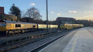 66786 leaving Leicester with two barrier coaches