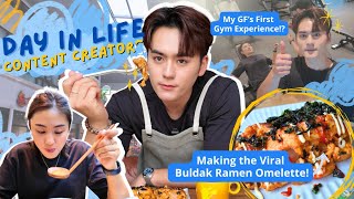 COOK WITH ME | Buldak Omelette Mukbang + How I Film Cooking Vids + My GF's FIRST TIME at the Gym!