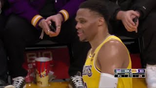 Russell Westbrook smiles nervously at LeBron James after playing only for himself in the final min