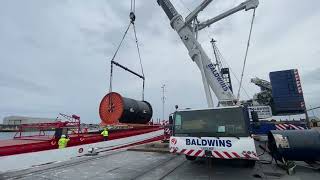 Baldwins Crane Hire at PD Ports Hartlepool, discharging a Reel from the MV Saturn