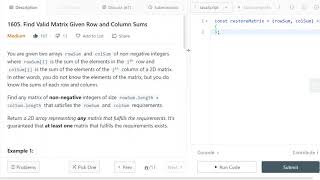 LeetCode 1605. [Medium] Find Valid Matrix Given Row and Column Sums