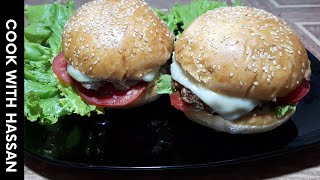 Beef Burger Recipe - Grilled Beef Burger Recipe - Beef Burger Banane Ka Tarika - By Cook With Hassan