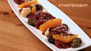 Carpaccio de daim aux fèves, oranges et fromage de fossa