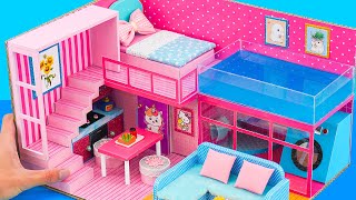 DIY Miniature Cardboard House #67 Make Pink House with Swimming Pool, Bedroom, Kitchen, Living Room