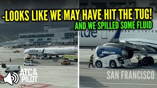 JetBlue A321 COLLIDES with TUG VEHICLE at SFO Tarmac! & Engine Problem