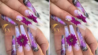 PURPLE 3D ACRYLIC FLOWERS ON NAILS TUTORIAL | ALCOHOL INK MARBLE NAIL ART 2020 | NAILS FASCINATION