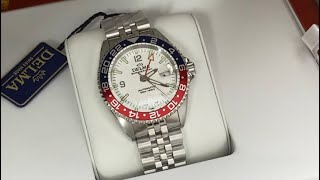 Men's Delma Watch Santiago GMT Meridian Silver / White Red 43MM Automatic