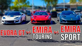 2023 Lotus Emira (Sport Chassis) vs Emira (Touring) vs 2021 Lotus Evora GT