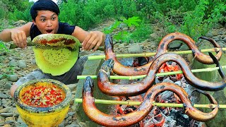 Finding bee in the forest accidentally met big eel | Cook eel and eat bee-Eating delicious