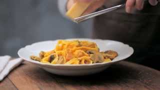 How to make butternut tagliatelle with crispy bacon and mushrooms