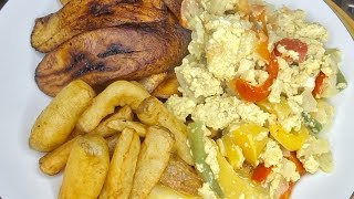 mouthwatering egg, Irish potatoes and dodo (fried ripe plantain) recipe, very delicious dinner 😋😋