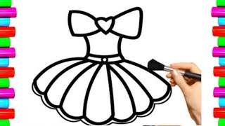 Cute Girls Dress Drawing And Painting | How to draw Beautiful Dress For kids and Toddlers kids Art