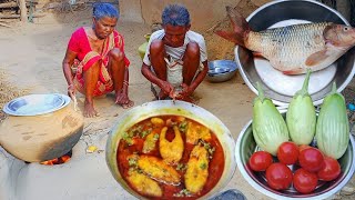 rural grandma & grandpa cooking AMERICAN fish curry with brinjal || how to cook fish curry and eat