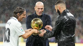 Karim Benzema presenting the Ballon d'Or with Zinedine Zidane and Luka Modric at Santiago Bernabéu