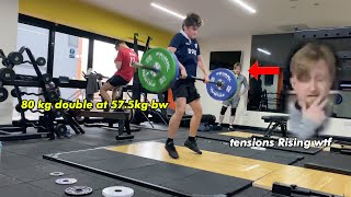 57kg guy Power cleans 80kg while scottish man makes interesting faces the sequel