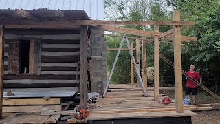 Off-grid tiny cabin build planting cedar trees, watermelon, back porch frame install - update #35