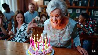 A grandmother with neatly combed grey hair stands behind a colorful birthday cake with numerous.