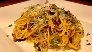 Pasta alla Gricia - pasta with guanciale, onion, garlic, and crushed red pepper