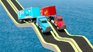 Mack Truck Vs King Dinoco Truck Vs impossible Bridge Crossing Cars Vs Deep Water - BeamNG.Drive