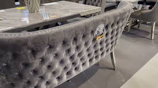 Diana Grey Velvet And Chrome Dining Bench With Lion Ring Knocker