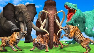 10 Mammoth Elephant vs 10 Zombie Dinosaurs vs 10 Giant Tiger Attack Cow Saved By Woolly Mammoth