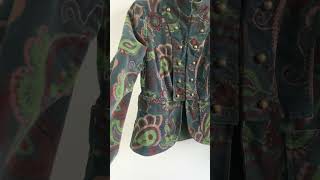 Paisley Floral Turquoise Green Cotton Velvet Blazer For Women Size L