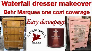 Waterfall dresser makeover~Behr marquee one coat coverage~easy decoupage