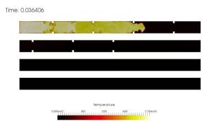 Flame acceleration in an obstructed channel filled with a H2/air mixture.